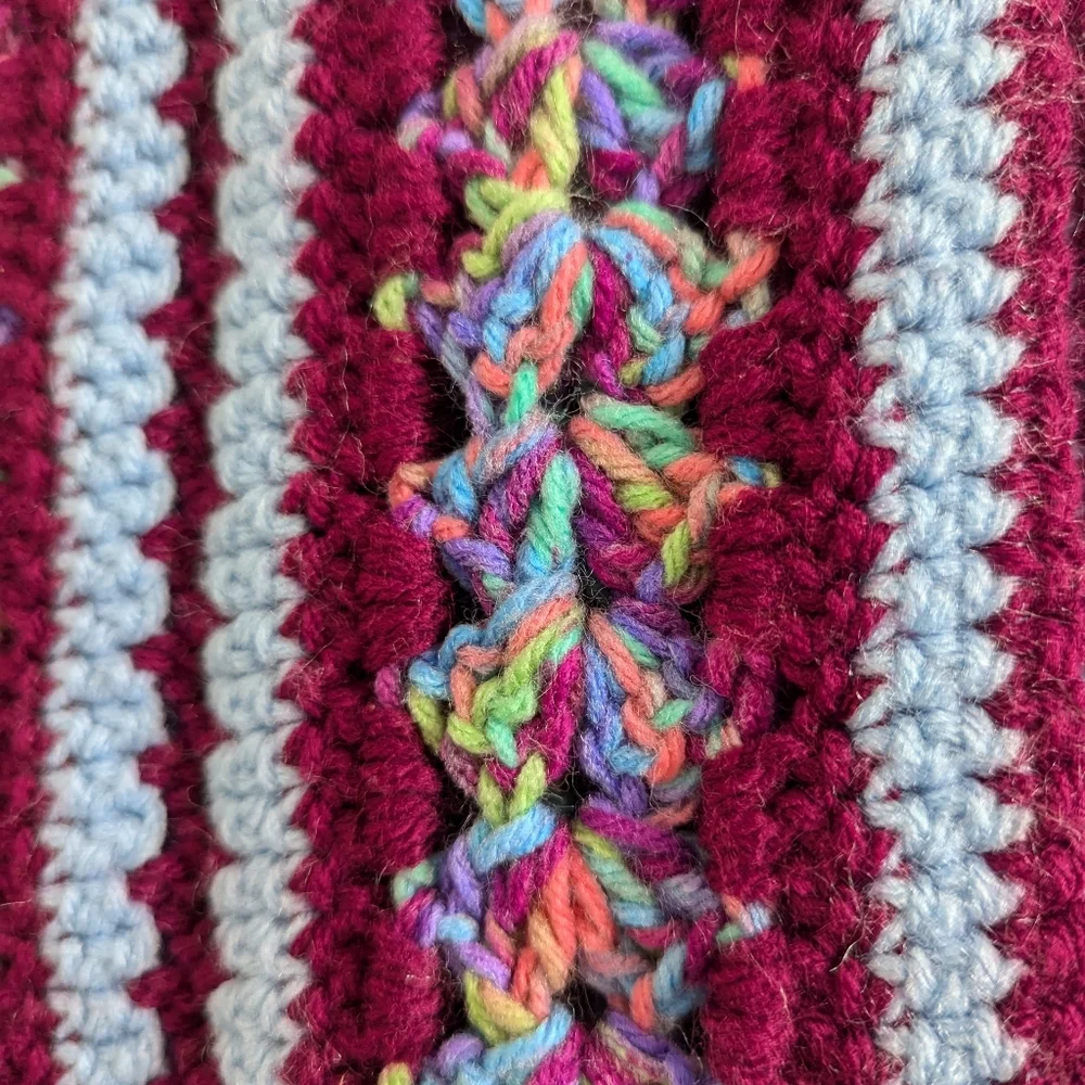 💙 Burgundy Afghan Hand Crochet Multicolor Couch Throw Blanket Rectangle